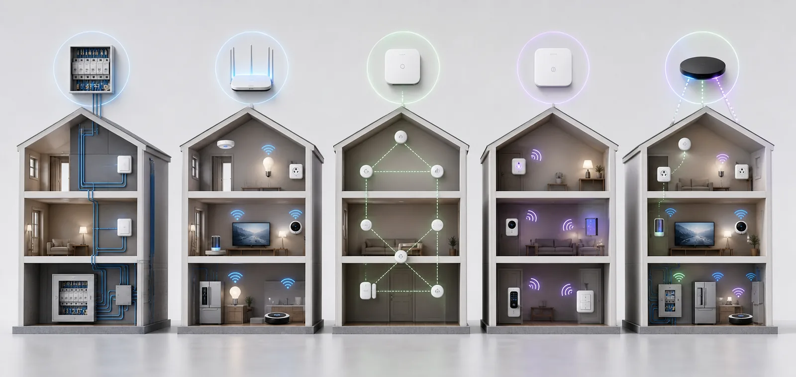 Ilustração de Comparativo: automação cabeada, Wi-Fi, Zigbee, Z-Wave e híbrida
