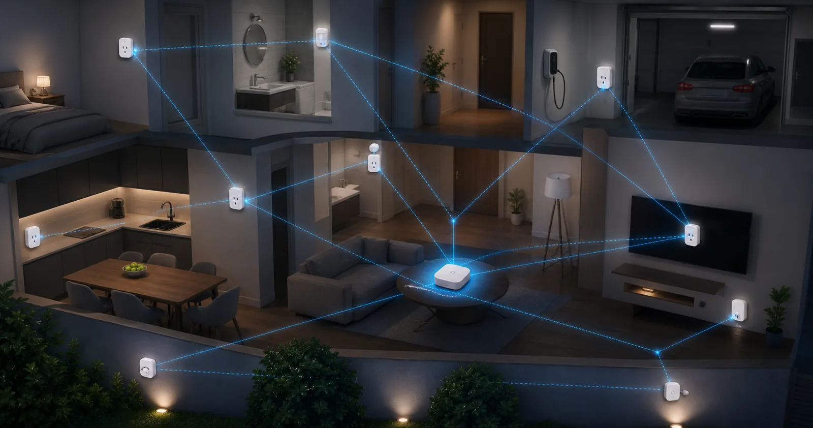 Ilustração de Zigbee: rede inteligente para sensores e dispositivos de automação