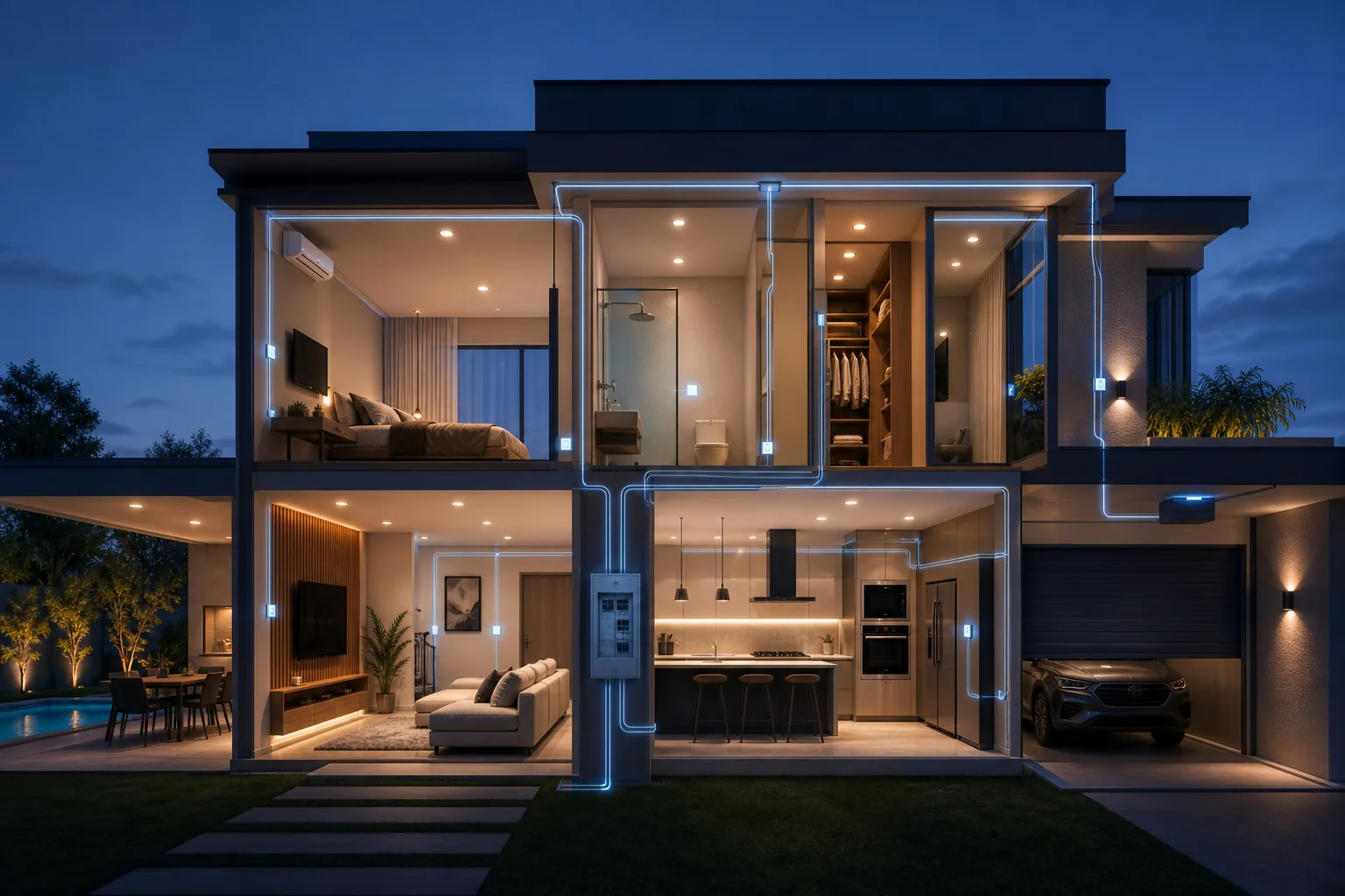 Residência moderna em corte mostrando visualmente circuitos de iluminação, tomadas, climatização, cozinha, garagem e quadro elétrico