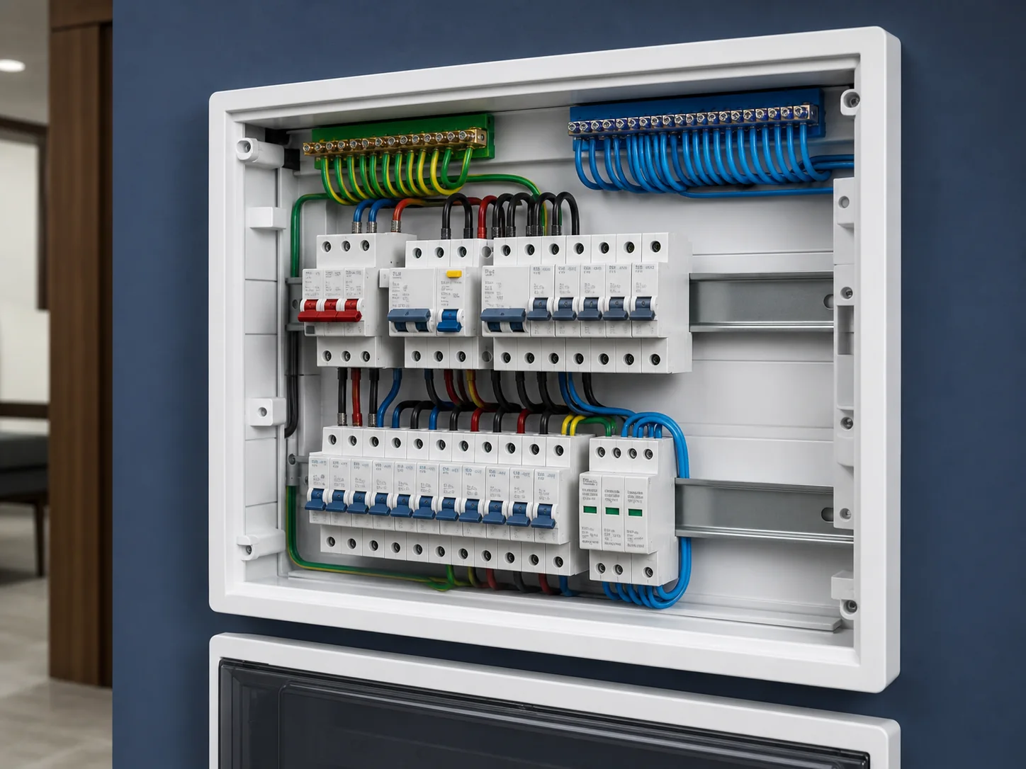 Representação técnica de quadro de distribuição residencial com disjuntores, proteção diferencial, proteção contra surtos e barramentos separados