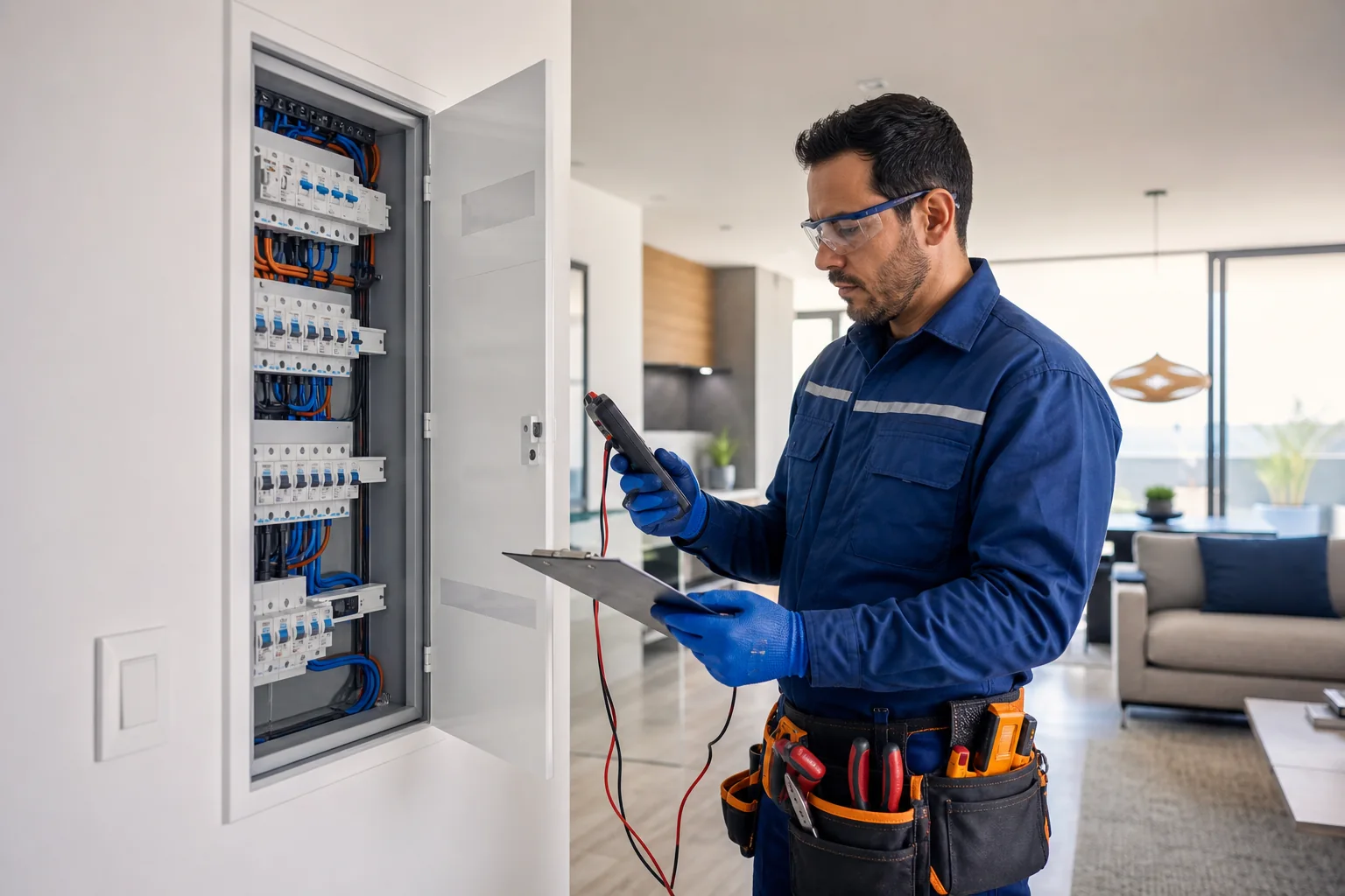 Eletricista com equipamentos de proteção verificando uma instalação elétrica residencial nova e organizada
